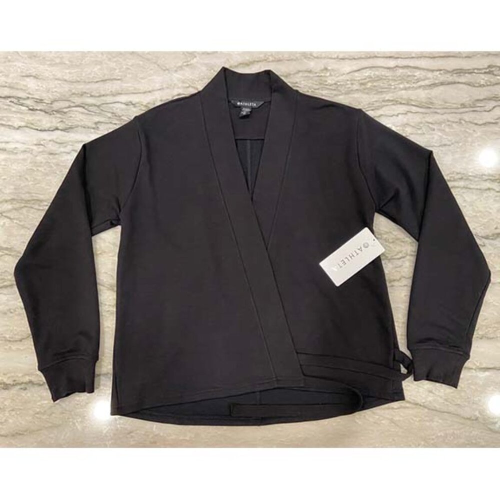 Athleta: Retroterry wrap black sweatshirt, sweater. Size XS. NWT